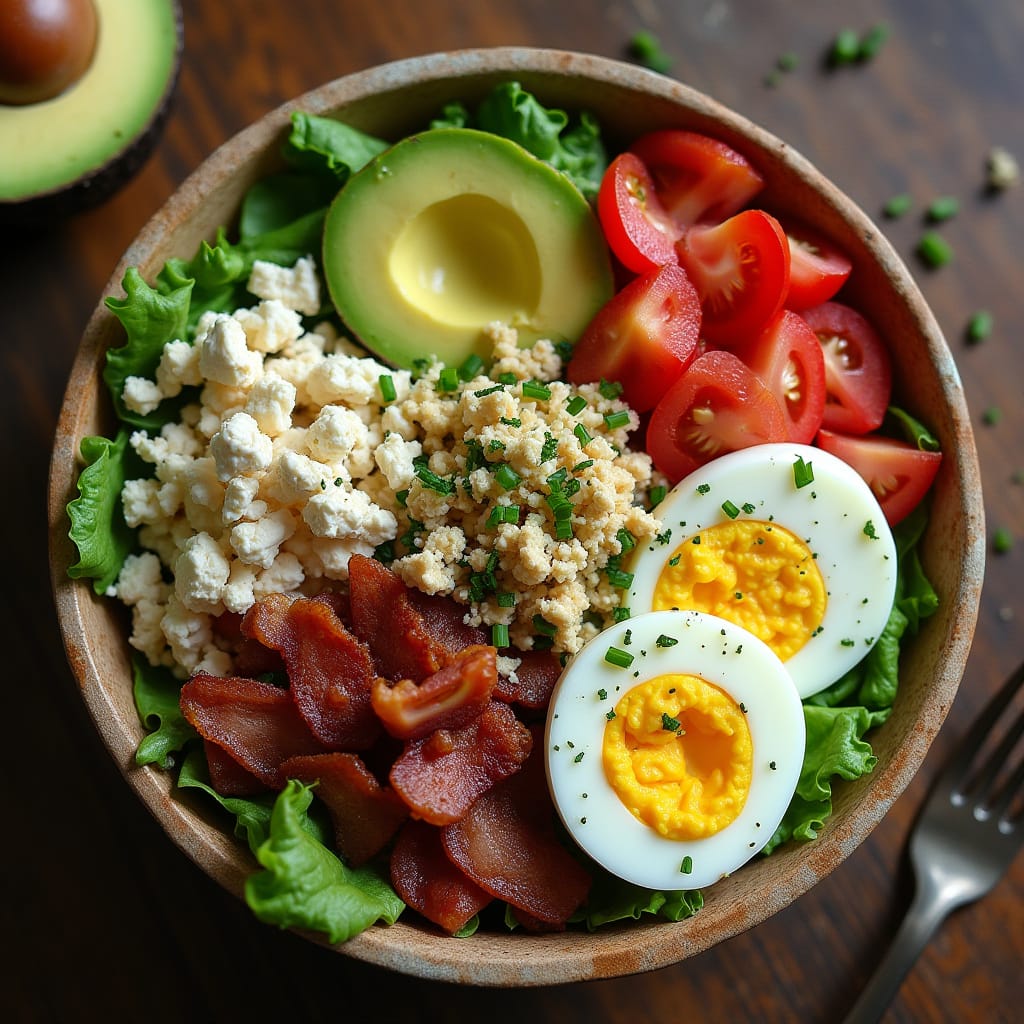 Delicious Keto Cobb Salad with avocado, eggs, bacon, and fresh vegetables in a wooden bowl